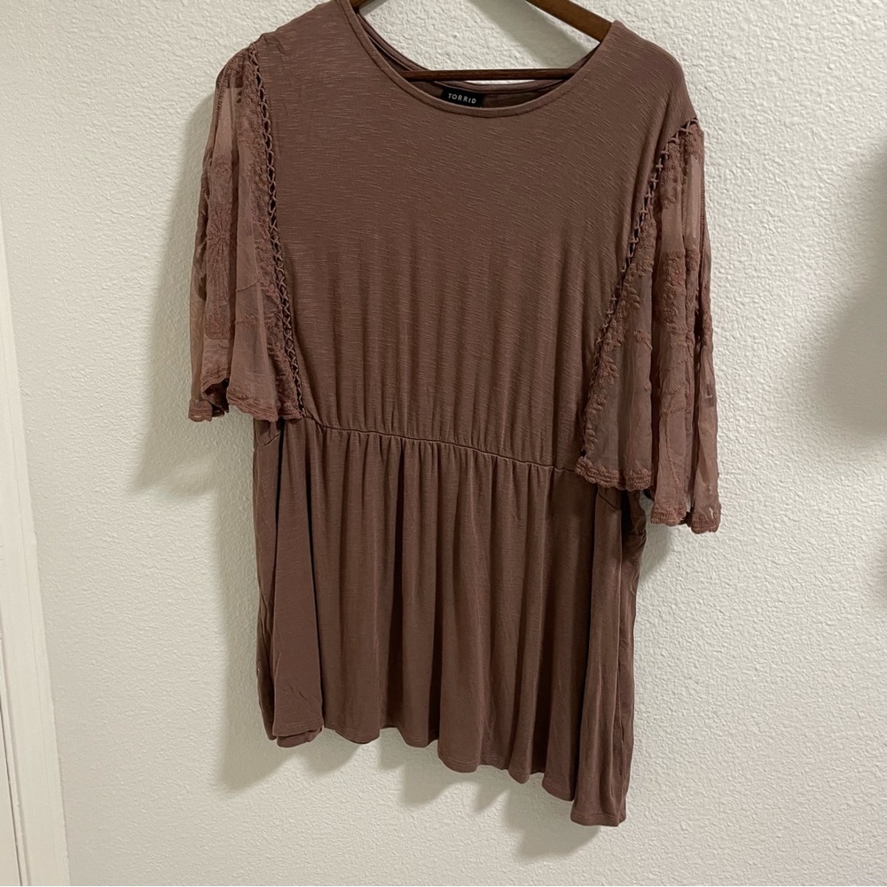 Torrid Chocolate Flutter Babydoll lace Sleeve Blouse